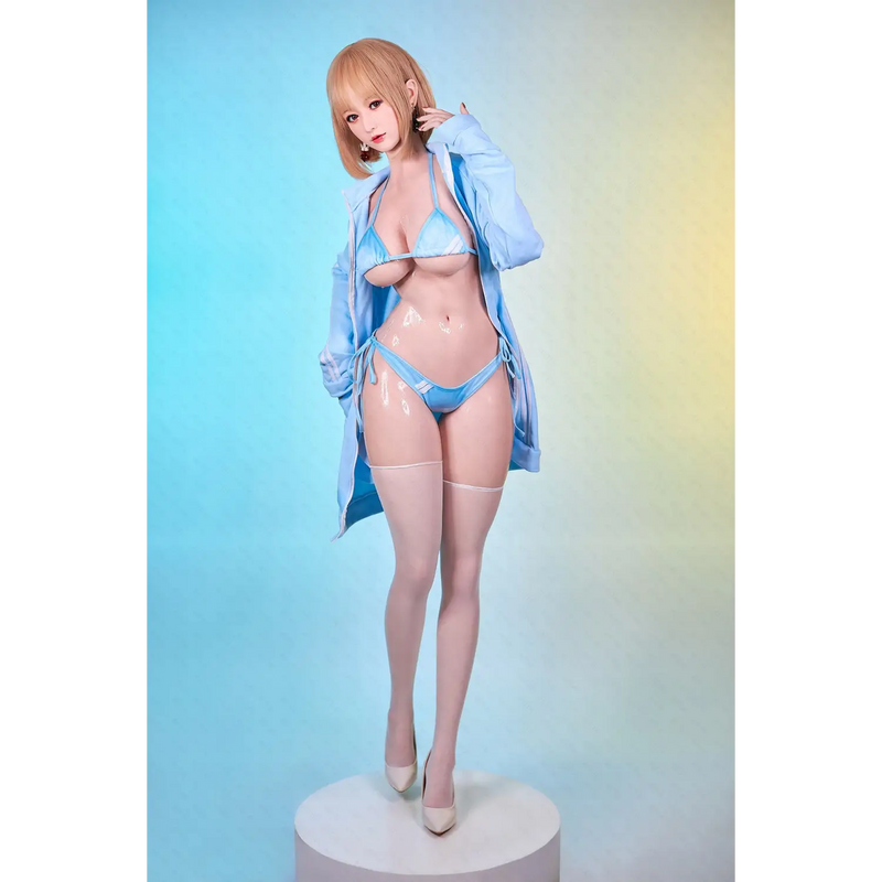 Aitia silicone sex doll in blue denim jacket, teal bra, thong, heels