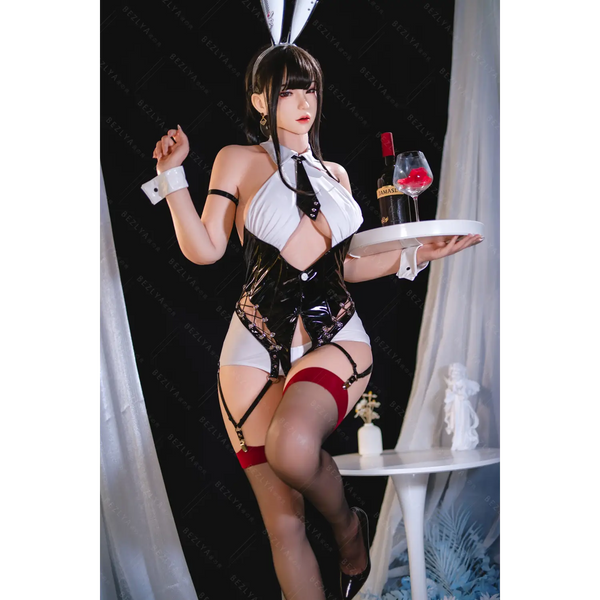 AITIA Bar Bunny 162cm Aglaia silicone sex doll in black white bunny costume with red latex accents