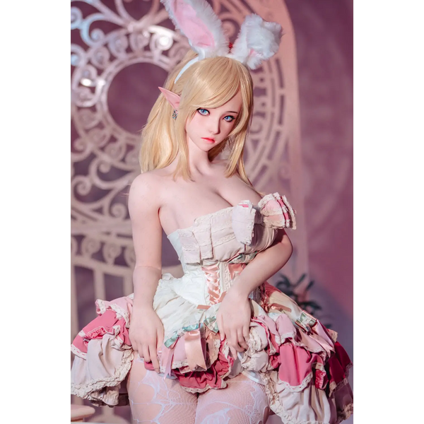 Pastel patchwork chiffon dress on Aitia Calla silicone sex doll with bunny ears