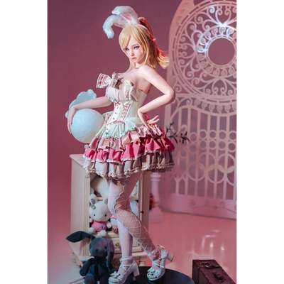 Pastel pink lolita silicone sex doll in ruffles and lace with waist bow