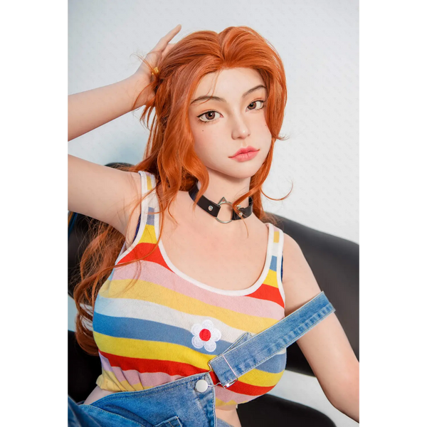 AITIA Aglaia silicone sex doll in rainbow striped tank top with floral button and denim overalls