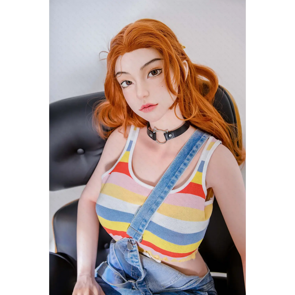 Aglaia silicone sex doll in striped tank top, denim overalls and choker