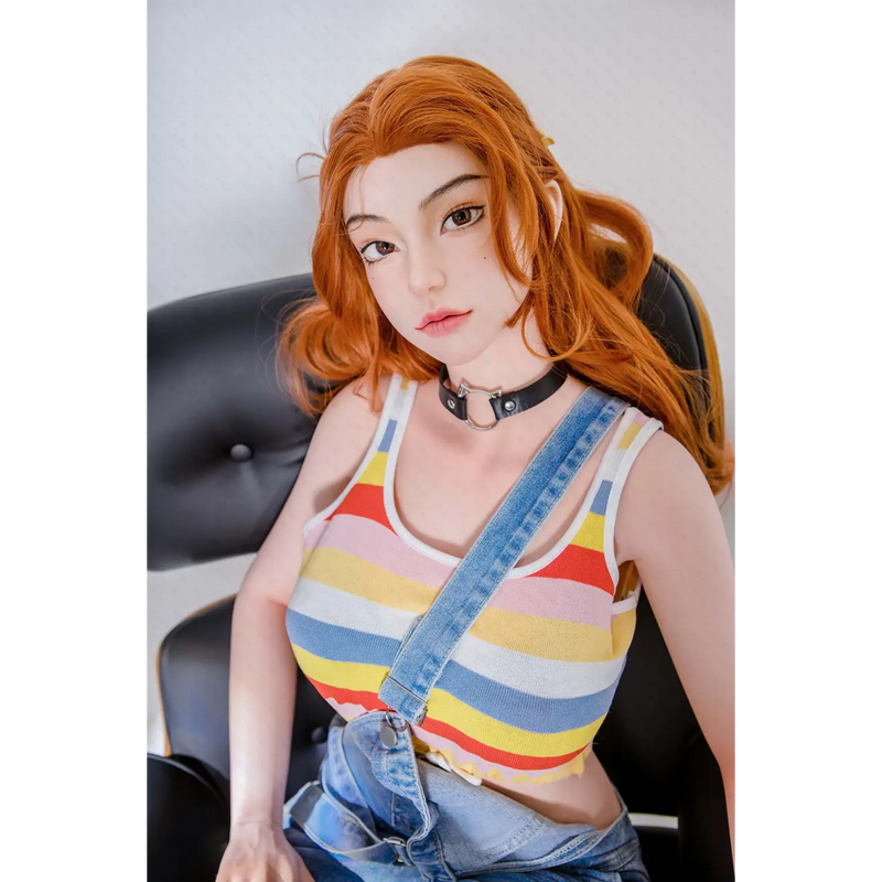 Aglaia silicone sex doll in striped tank top, denim overalls and choker