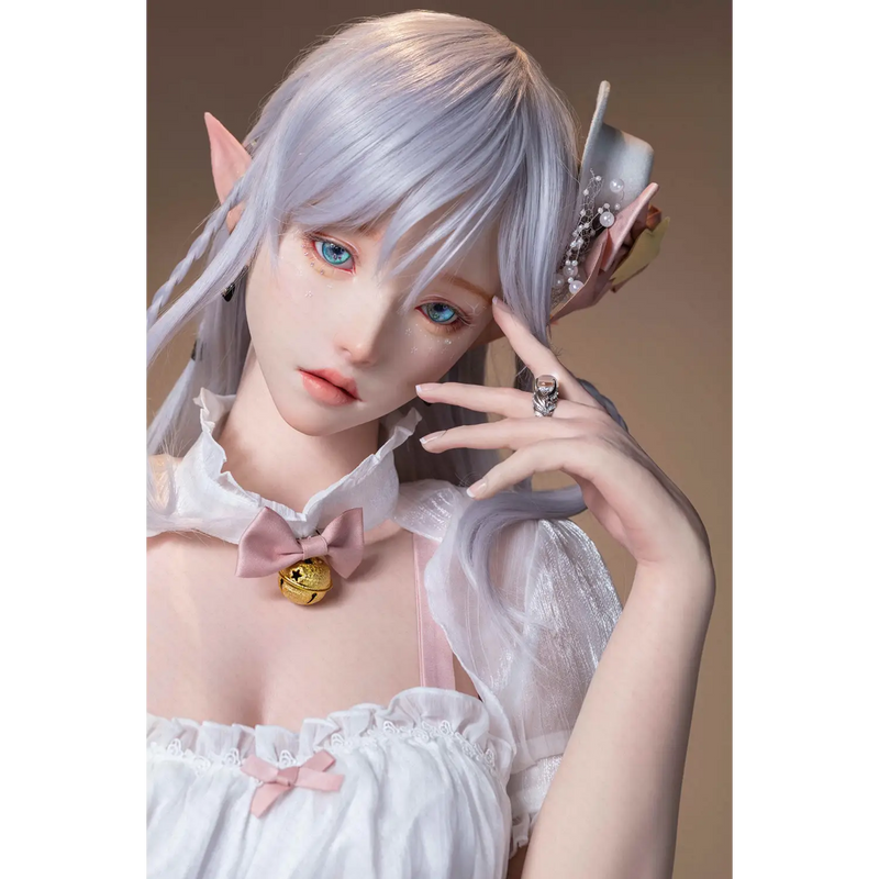 Silver elf AITIA Calla 155cm silicone sex doll with blue eyes, pink bow tie, white dress
