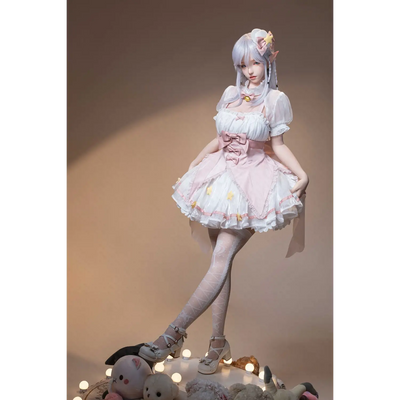 Pink lolita dress on AITIA Calla 155cm silicone sex doll with floral lace and bow