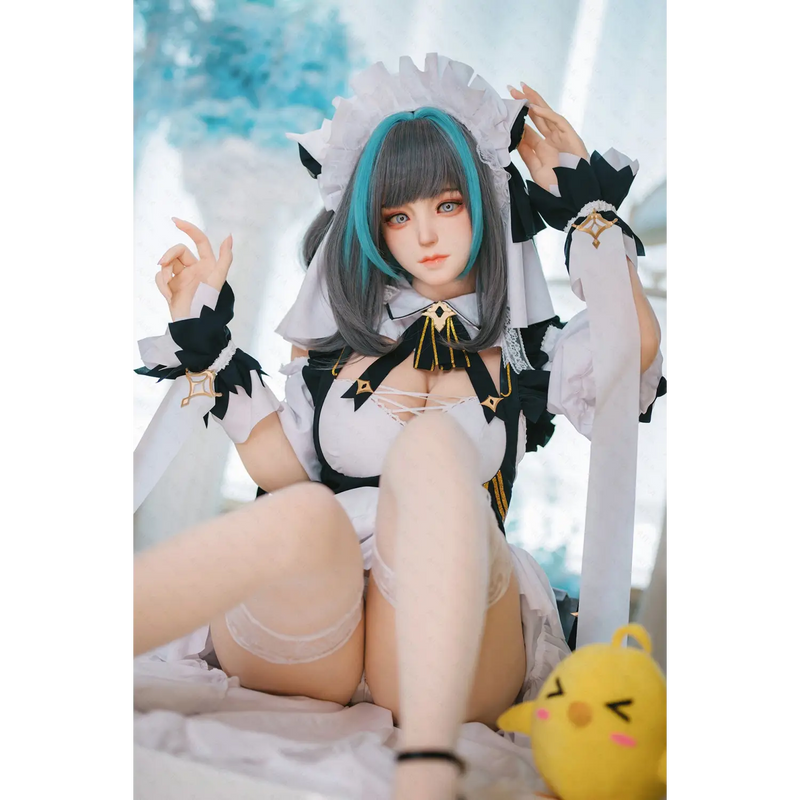AITIA Cheshire 155CM silicone sex doll in black white maid outfit with lace, stockings, yellow plush