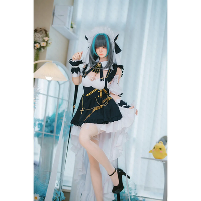 Black and white lace AITIA Cheshire silicone sex doll with gold accents, feathered cuffs