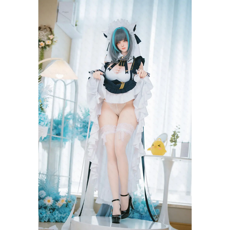 AITIA Cheshire 155CM silicone sex doll in white lace ruffled dress with black accents, high heels, blue hair