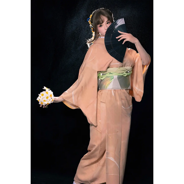 Peach silk kimono on AITIA Amaterasu 162cm silicone sex doll with black fan bouquet