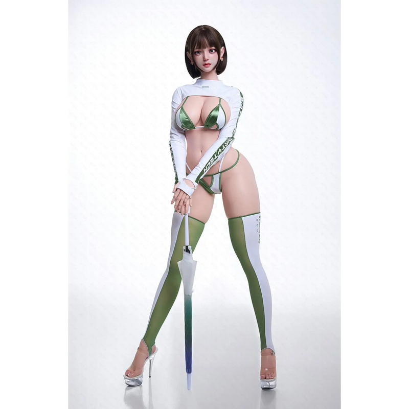 White and green striped thigh-high stockings on Aitia silicone sex doll