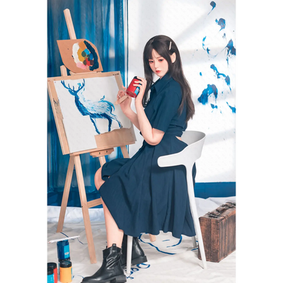 AITIA Begonia silicone sex doll in navy blue long-sleeved dress with white sneakers and black boots