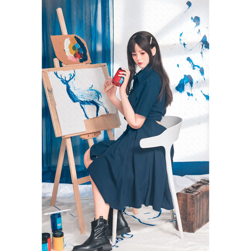 AITIA Begonia silicone sex doll in navy blue long-sleeved dress with white sneakers and black boots