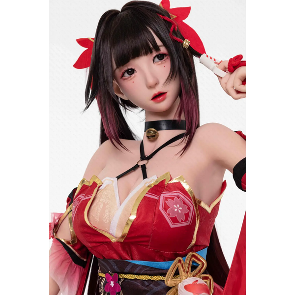 Chunmomo 155cm silicone sex doll in red gold kimono with floral patterns