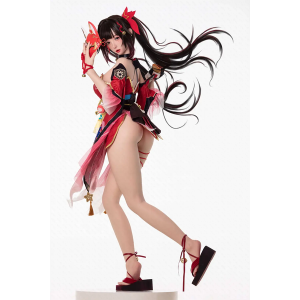 Red and black anime Chunmomo silicone sex doll with fox ears and tail