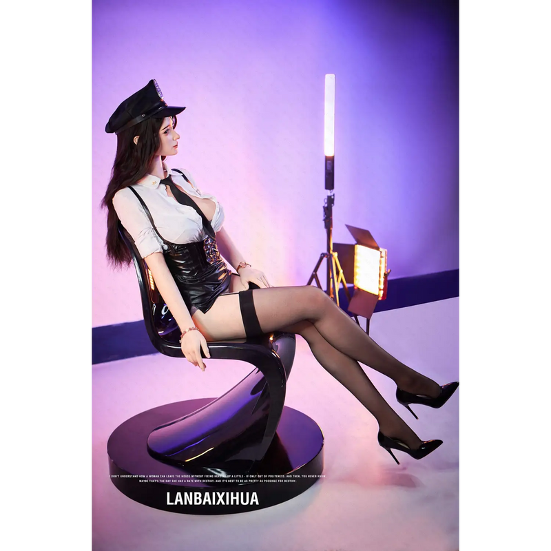 Black patent leather high-heeled shoe with gold accents on AITIA Yulania silicone sex doll