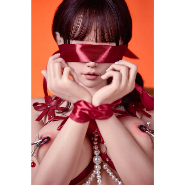 Red satin blindfold with pearl accents for AITIA silicone sex doll