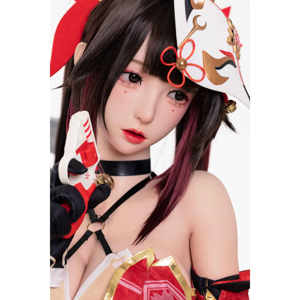 Red and black Chunmomo silicone sex doll cosplay outfit with gold accents