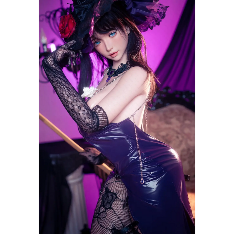 Purple patent leather dress with black lace on AITIA silicone sex doll