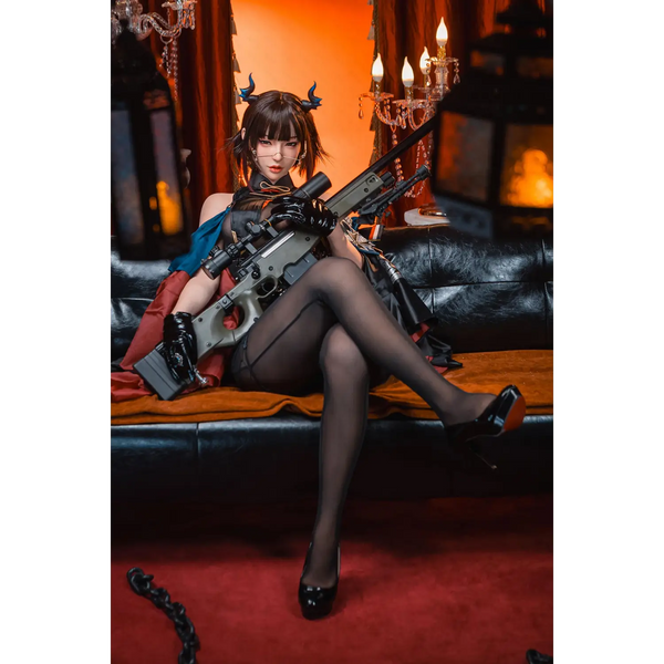 Black and silver sniper rifle with scope on Aitia Shadow Hunter silicone sex doll