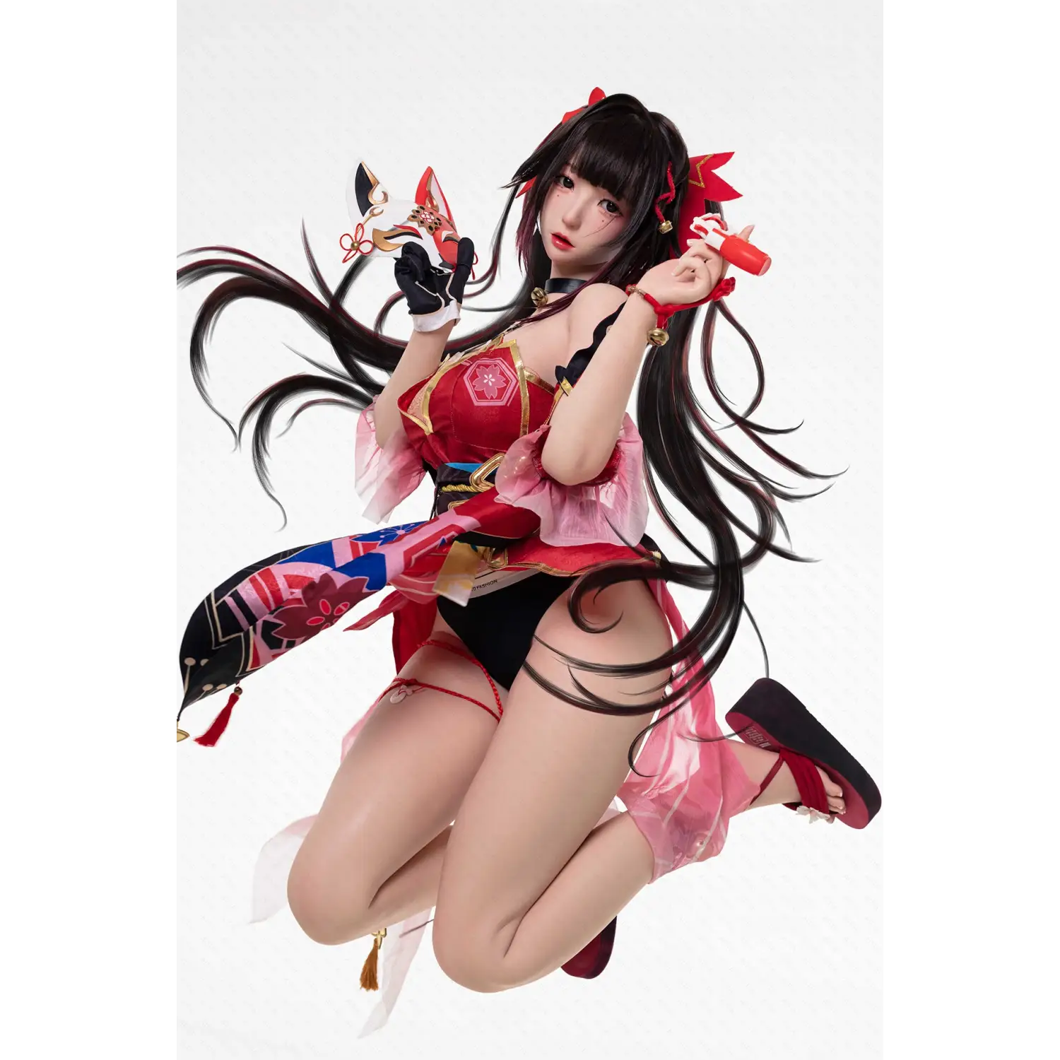 Pink and red anime Chunmomo 155cm silicone sex doll with floral outfit