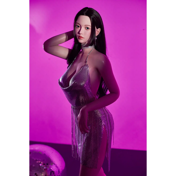 AITIA ShiningStar Nymphaea silicone sex doll in silver sequined dress with high slit and choker