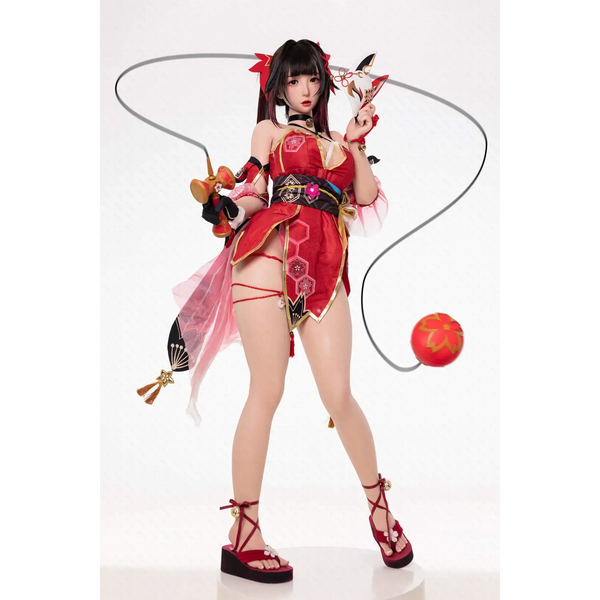 Red and black Chunmomo silicone sex doll cosplay outfit with floral patterns