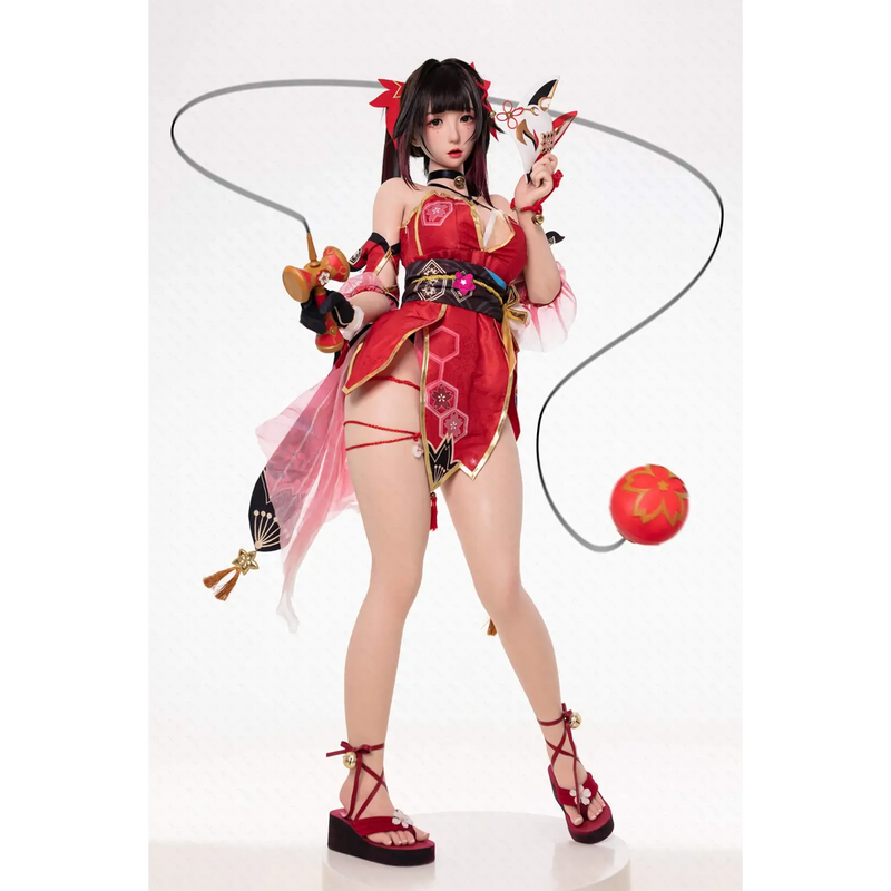 Red and black Chunmomo silicone sex doll cosplay outfit with floral patterns