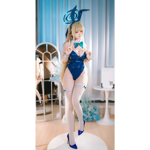 Blue satin bodysuit on AITIA TOKi 155cm silicone sex doll with bow tie heels
