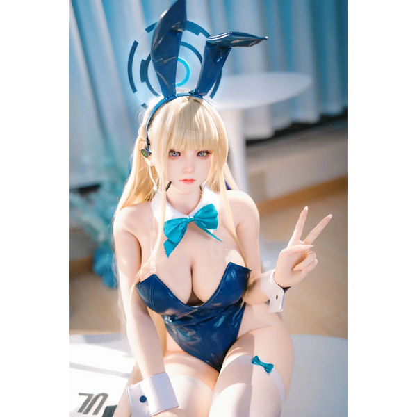 Blue and white bunny ears headband with bow on AITIA TOKi silicone sex doll
