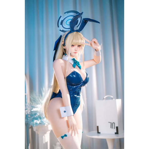 Blue velvet bunny silicone sex doll with ears, tail, and bow neckline