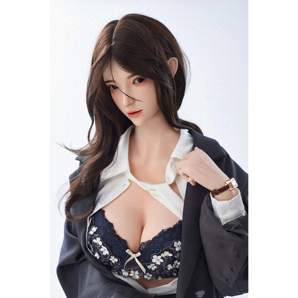 Black lace bra on AITIA Yulania silicone sex doll, floral pattern