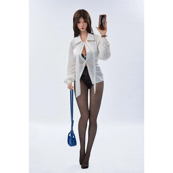 1:1 scale Yulania silicone sex doll with long dark hair in white shirt and black stockings
