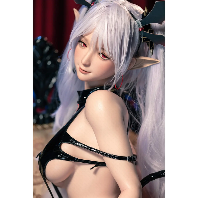 Black leather bra with silver accents on Aitia Naughty Little Succubus silicone sex doll