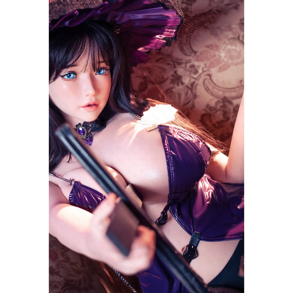 Purple satin corset on AITIA Mandradora silicone sex doll