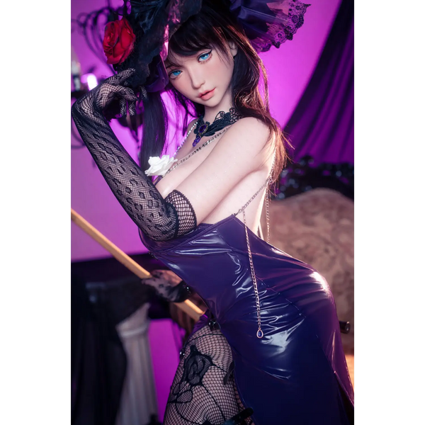 AITIA Lady of the Flower Garden silicone sex doll in purple patent leather dress with black lace trim and floral accents