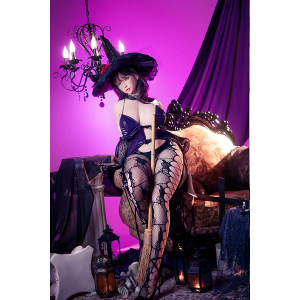 Black lace witch costume on Aitia silicone sex doll with hat and broomstick