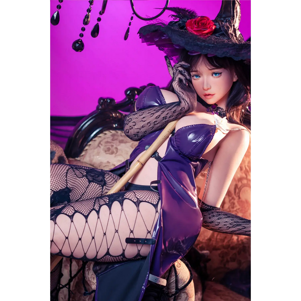 Purple witch silicone sex doll in AITIA Mandradora costume with black lace