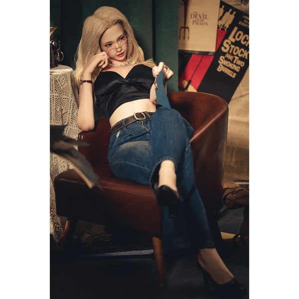 AITIA Helianthus silicone sex doll in black satin crop top and blue jeans