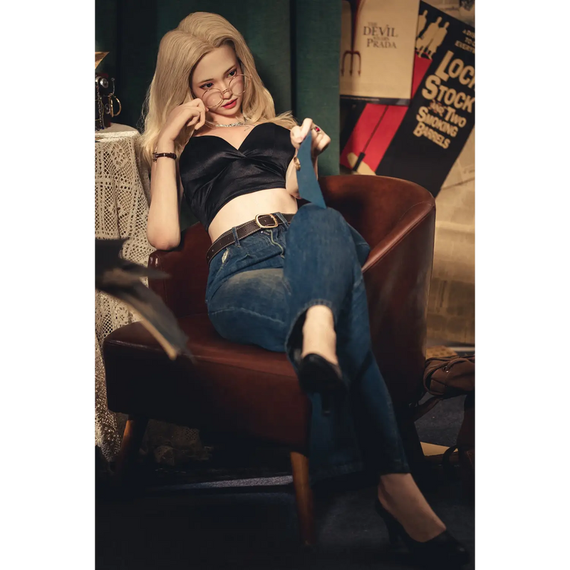 AITIA Helianthus silicone sex doll in black satin crop top and blue jeans