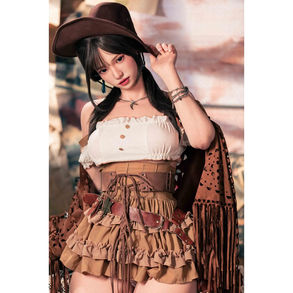 Brown leather fringe cowboy hat on AITIA Helianthus silicone sex doll
