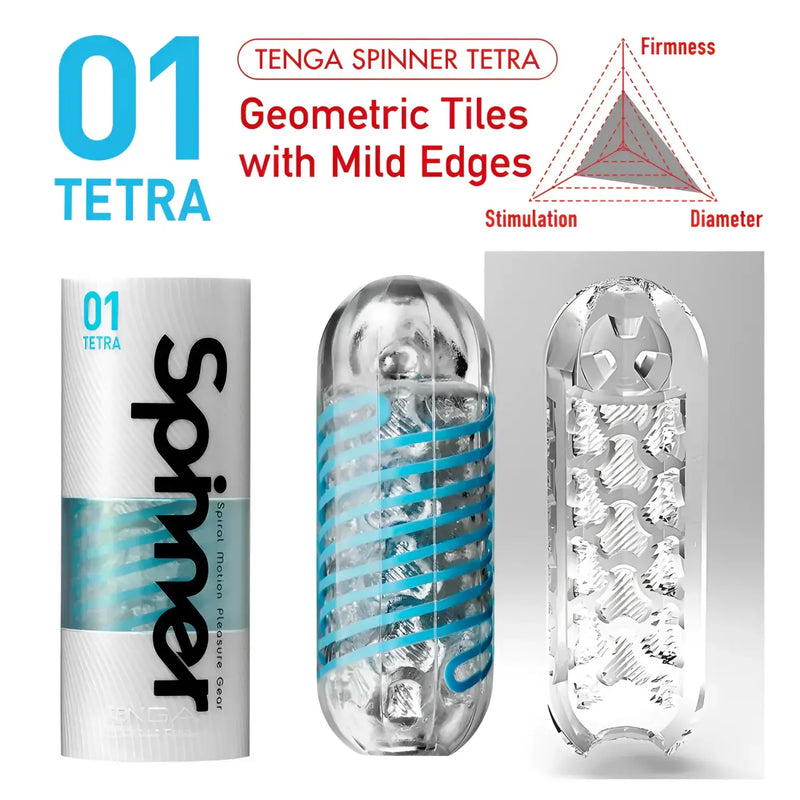 TENGA SPINNER 01 TETRA sex toy display with condom and lubricant options