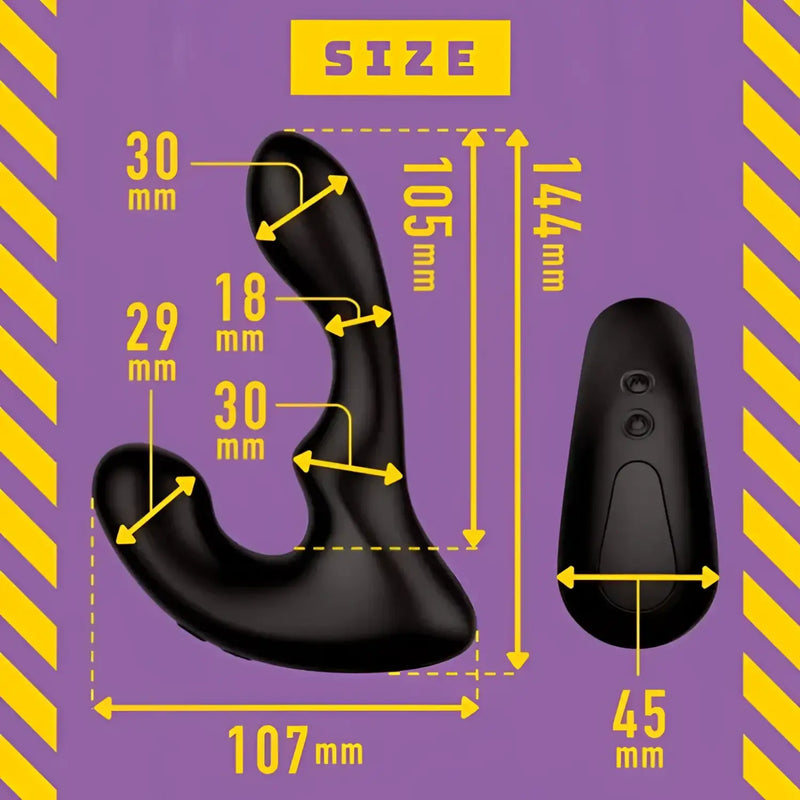 Black Mesuochi Back Vibe 9 Finger Shake Prostate Massager with remote and size measurements