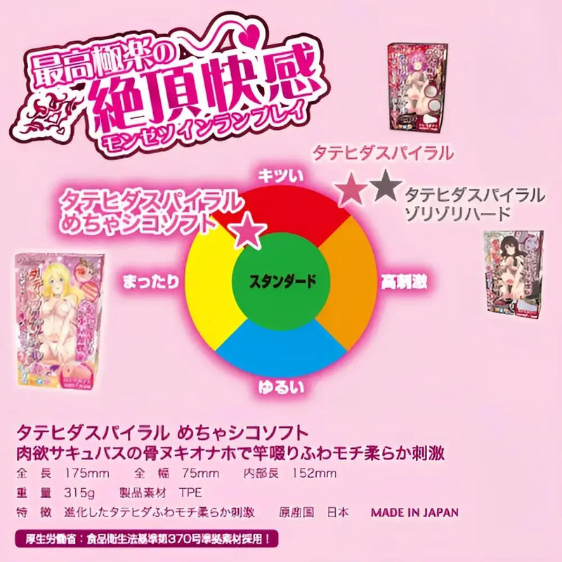 Japanese adult toy packaging featuring TOYSHEART Spiral Succubus Soft Spiral Licking Stim Onahole