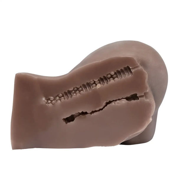 Brown silicone zipper-textured dildo in standing Ruri-nyan triple-cervix vaginal onahole