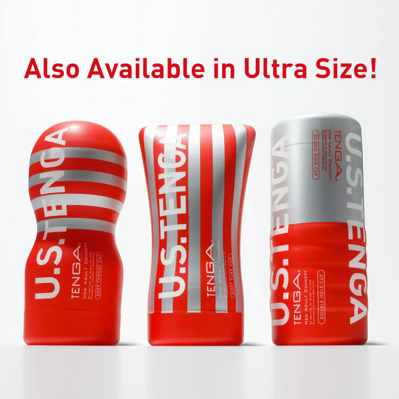 Three red and silver Tenga Dual Sensation Cup sex toys for ultimate pleasure