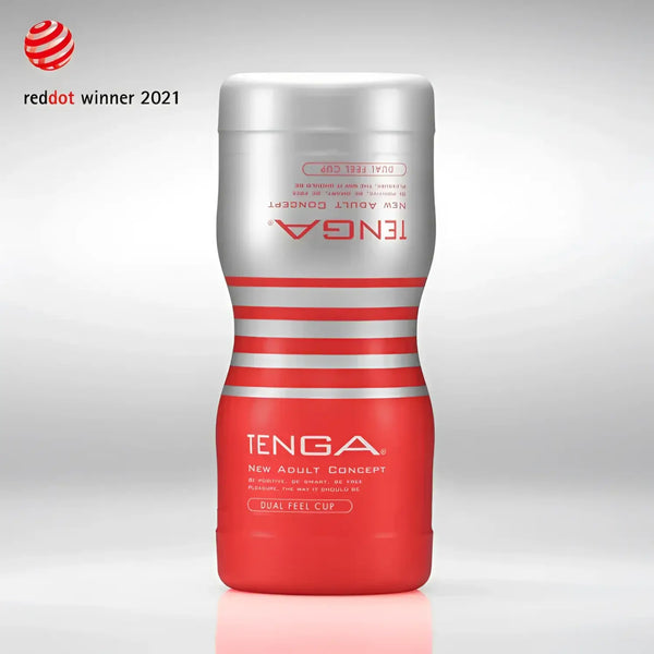 Red and silver TENGA DUAL SENSATION CUP with contoured shape for intense pleasure