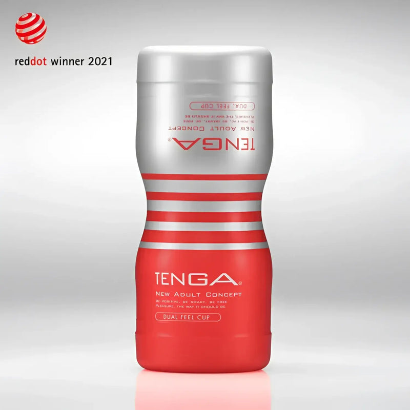 Red and silver TENGA DUAL SENSATION CUP with contoured shape for intense pleasure