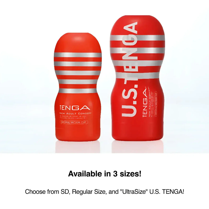 Red TENGA Original Vacuum Cup pleasure items with silver stripes showcasing vacuum hole design