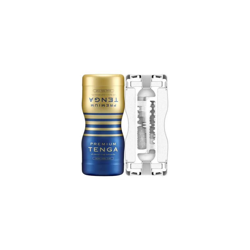 Blue and gold Tenga Premium Dual Sensation Cup with internal pleasure details