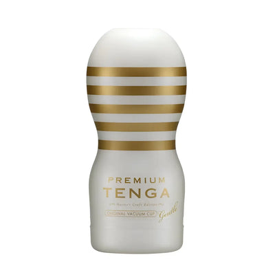 White and gold striped TENGA PREMIUM ORIGINAL VACUUM personal massager for ultimate pleasure